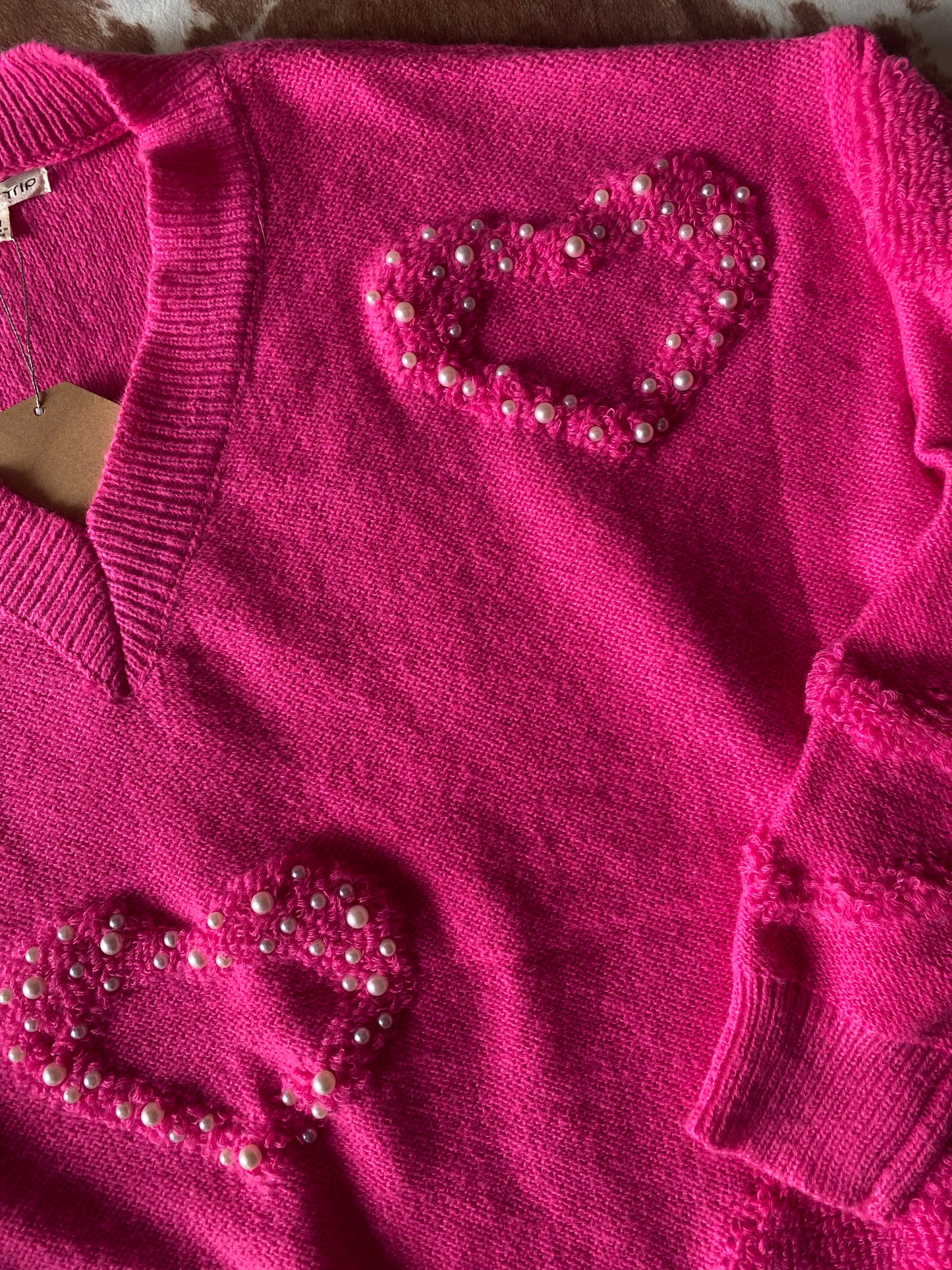 Pearl Heart Embroidered Pink Sweater