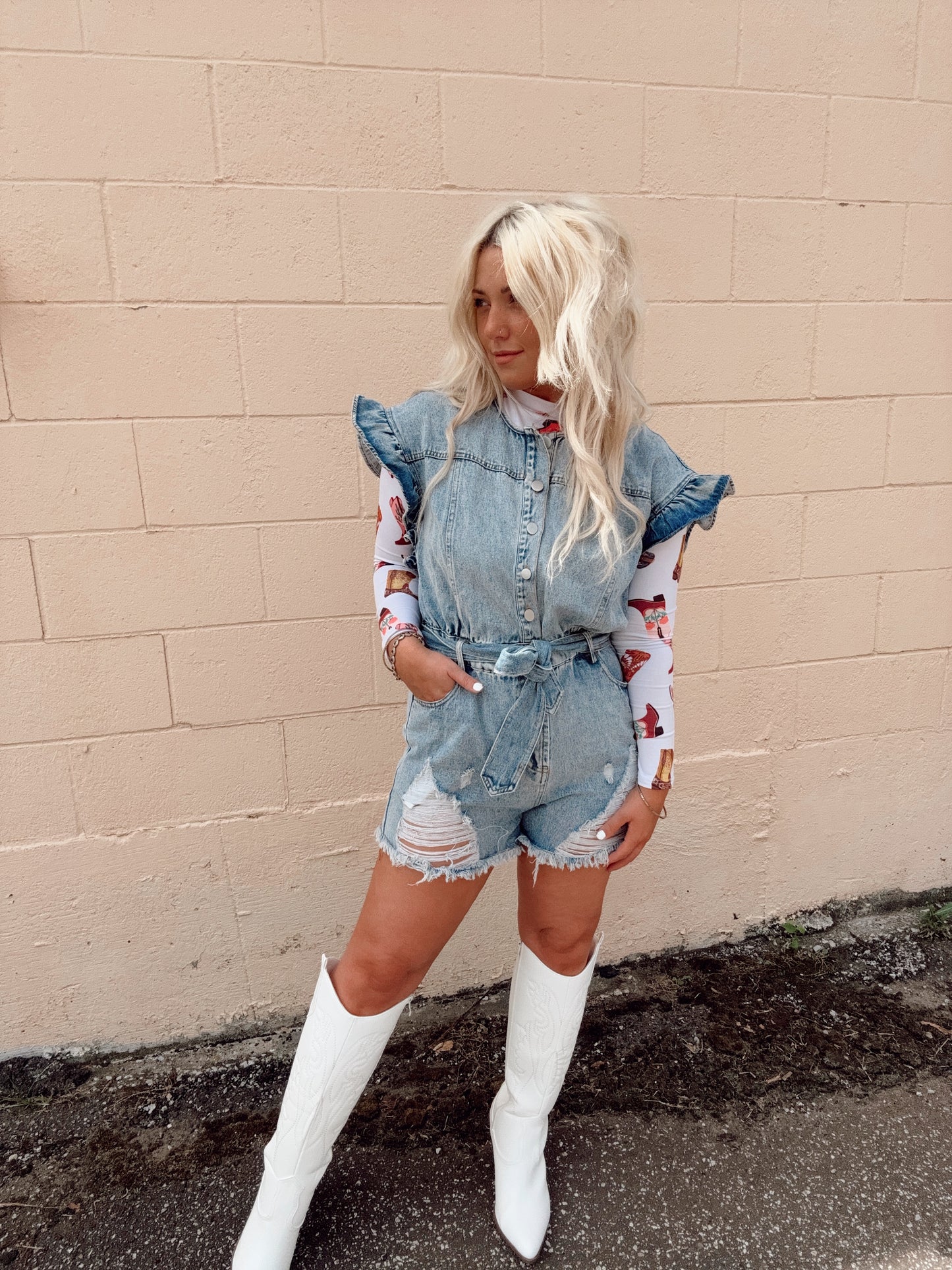 Distressed Ruffled Denim Romper