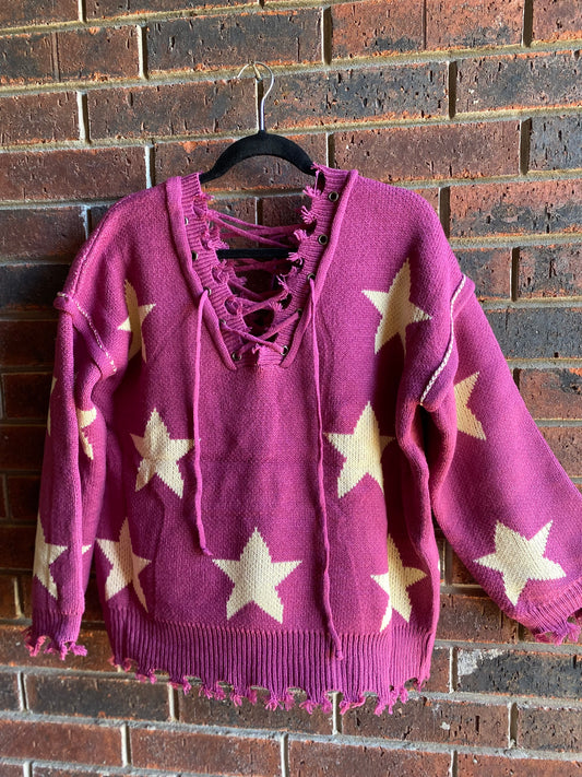 Distressed Star Sweater-Fuchsia