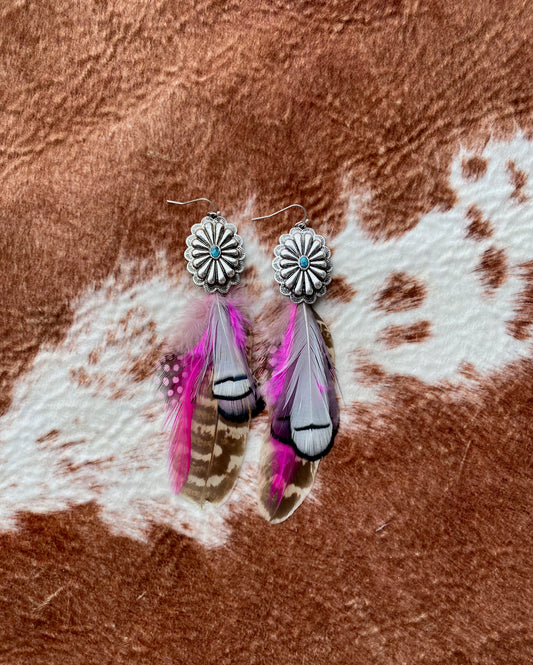 Pink Feather Concho Earrings