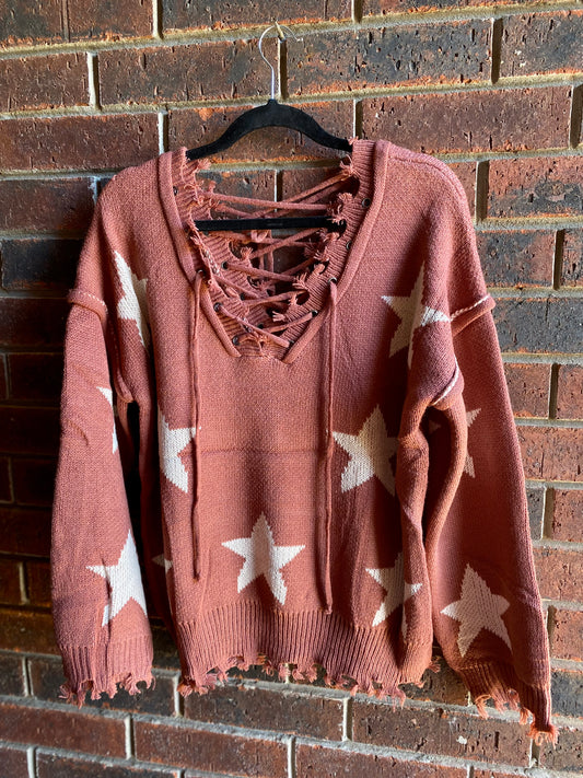 Distressed Star Sweater-BRICK